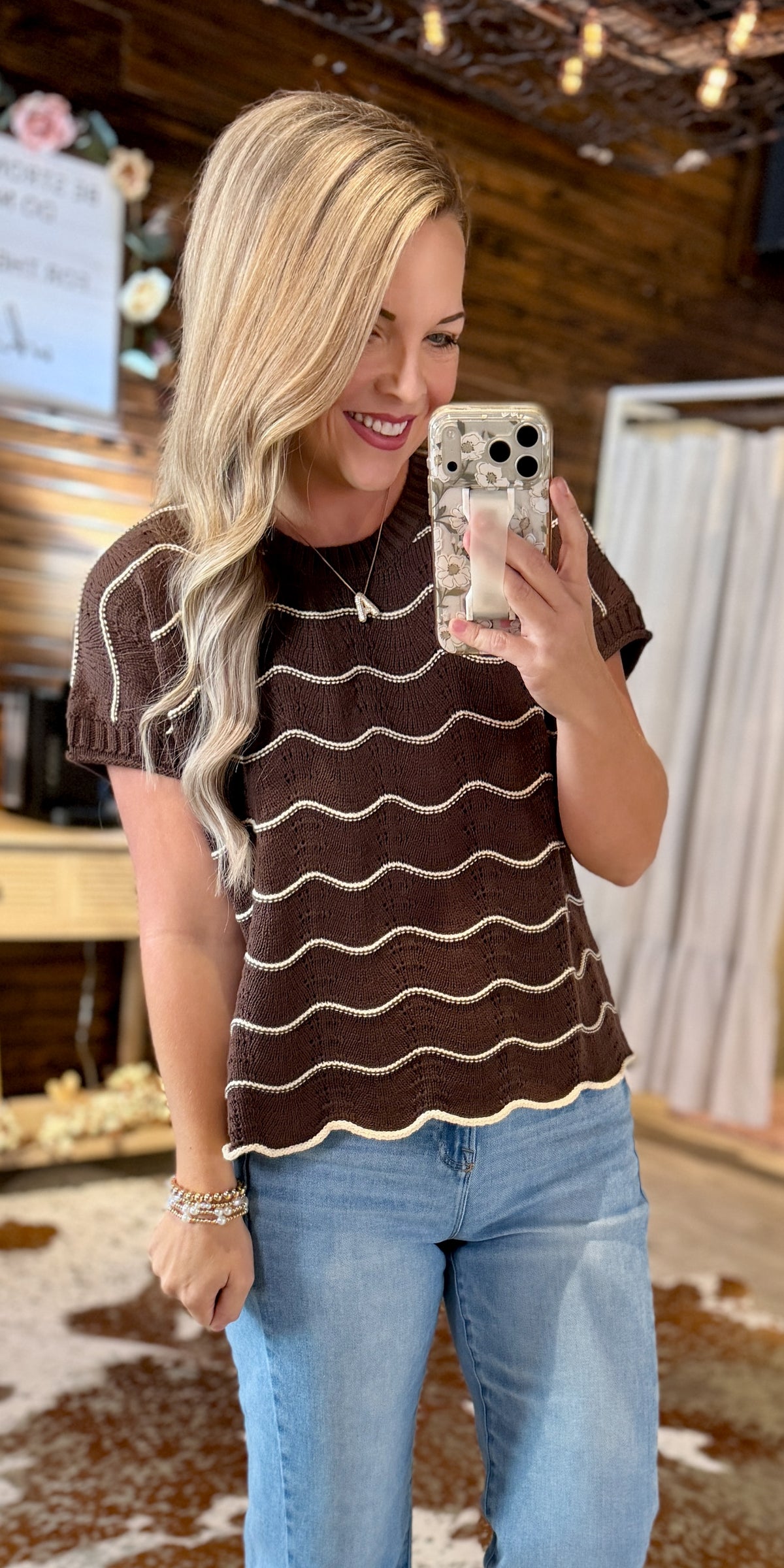 Brown Scallop Striped Knit Top