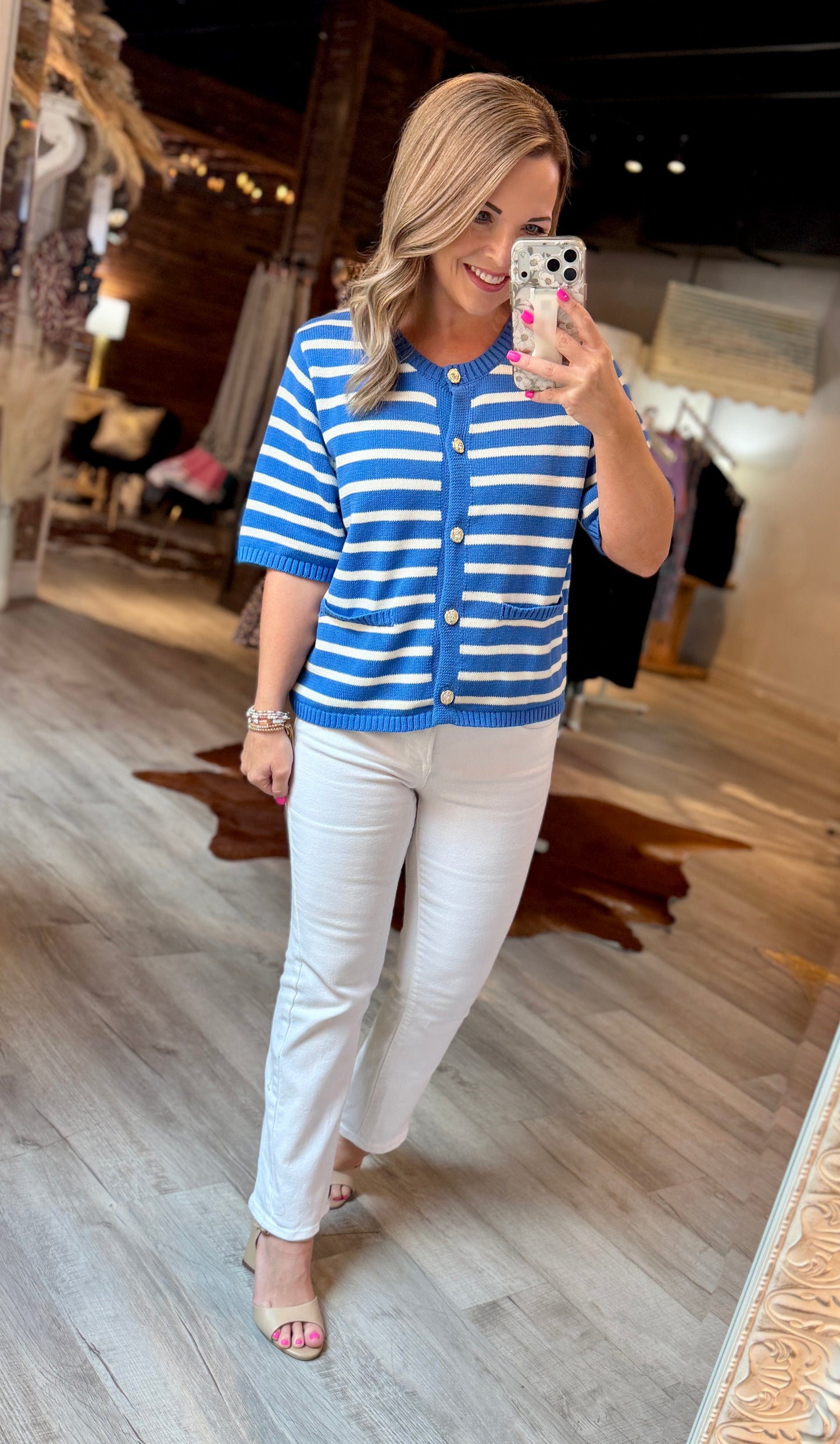 Blue Striped Button Dressy Top