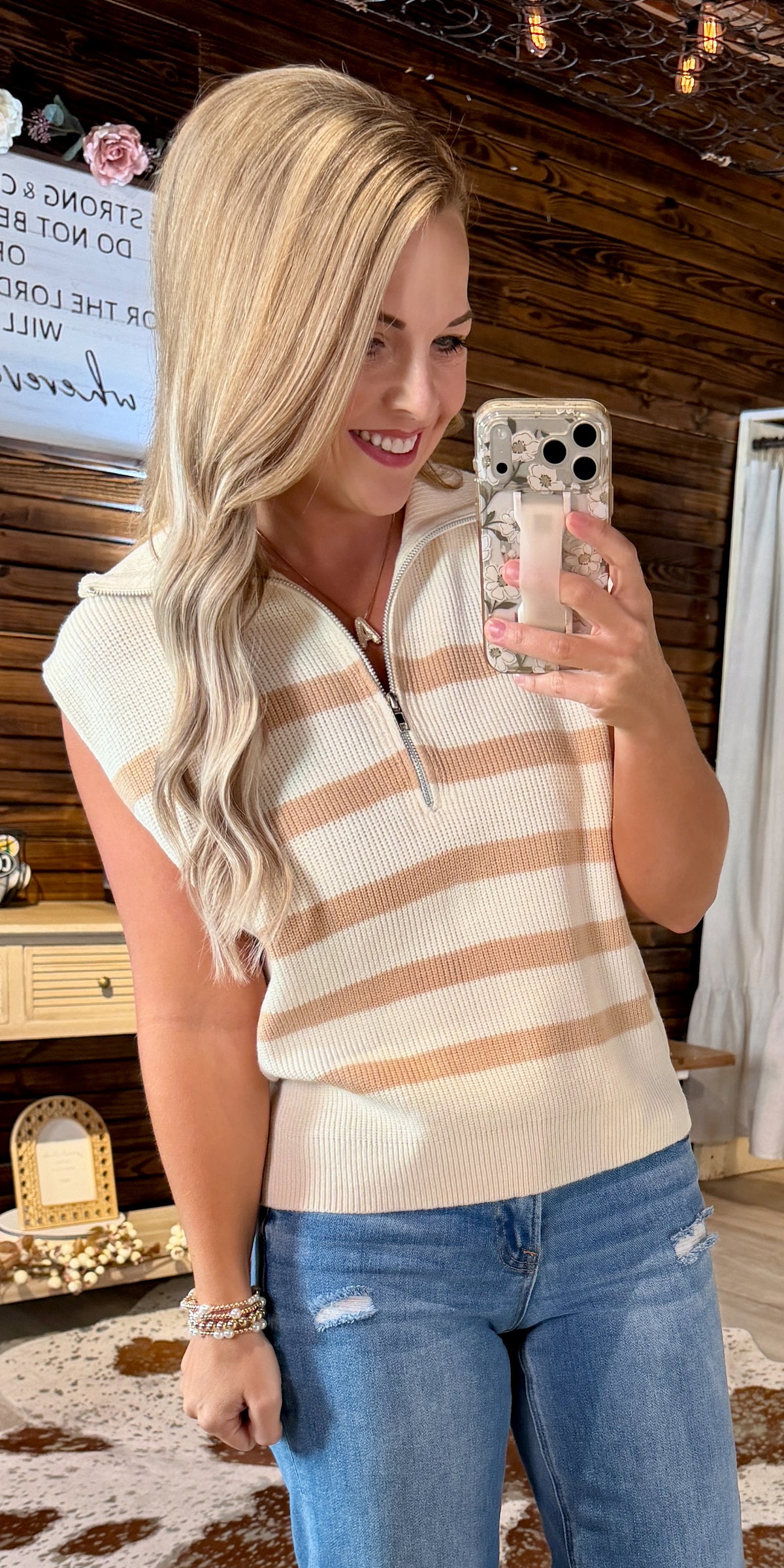 Taupe/Ivory Sleeveless Sweater Top