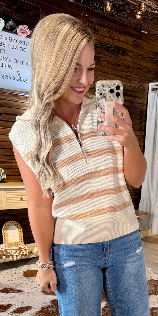 Taupe/Ivory Sleeveless Sweater Top