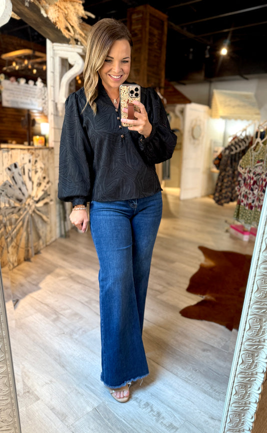 Black Dressy Leopard Button Top