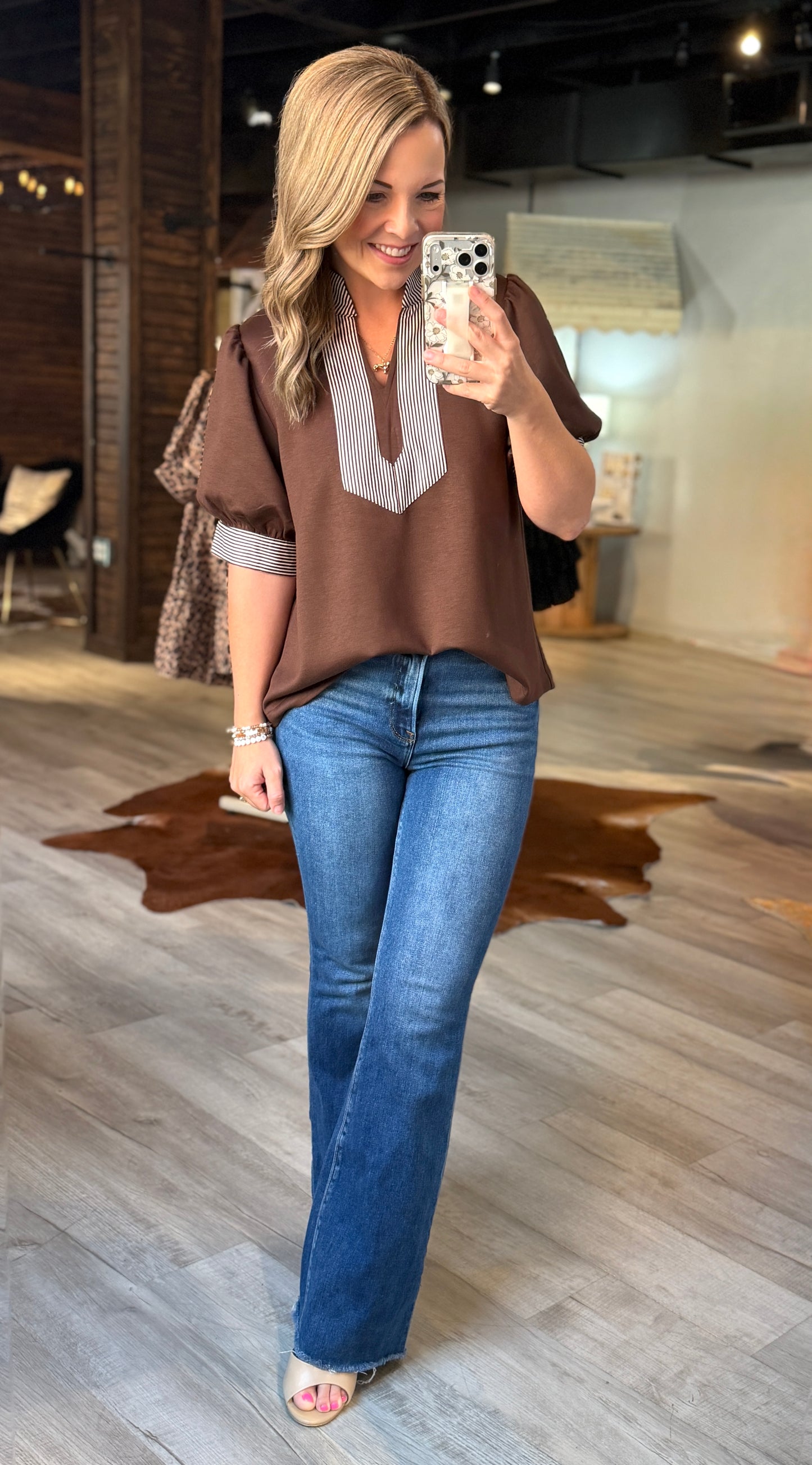 Brown Striped Detail Dressy Top