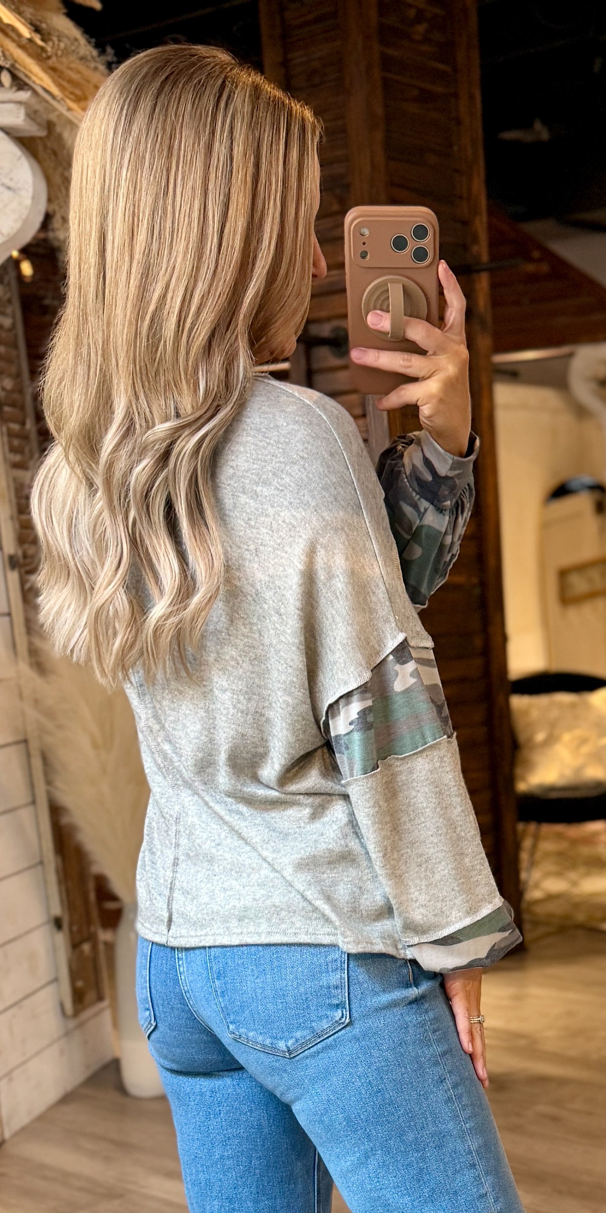 Grey Camo Color Block Top