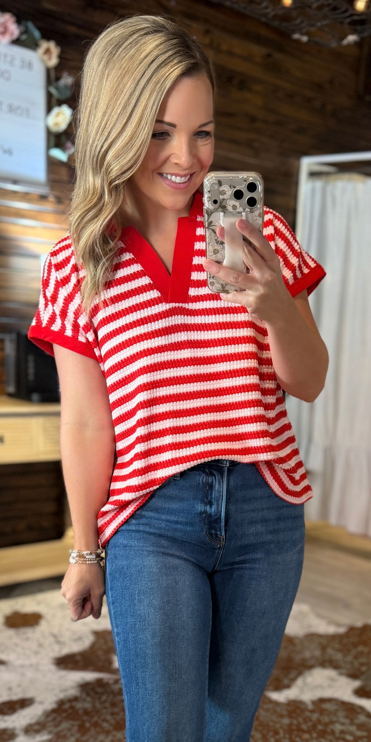 Red Striped Knit Collared Top