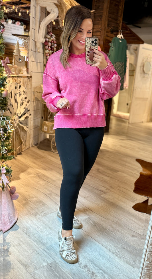 Zenana Hot Pink Acid Wash Sweatshirt