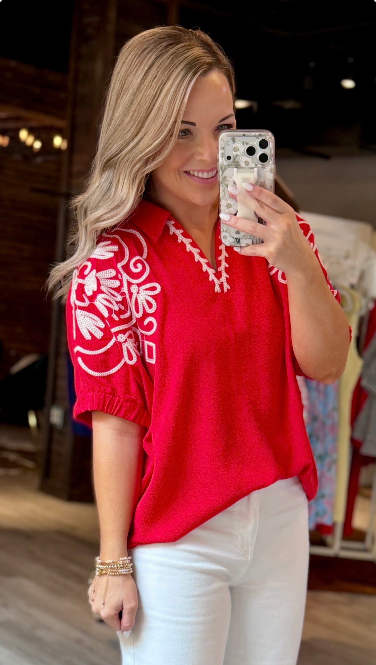Red Embroidered Detail Top