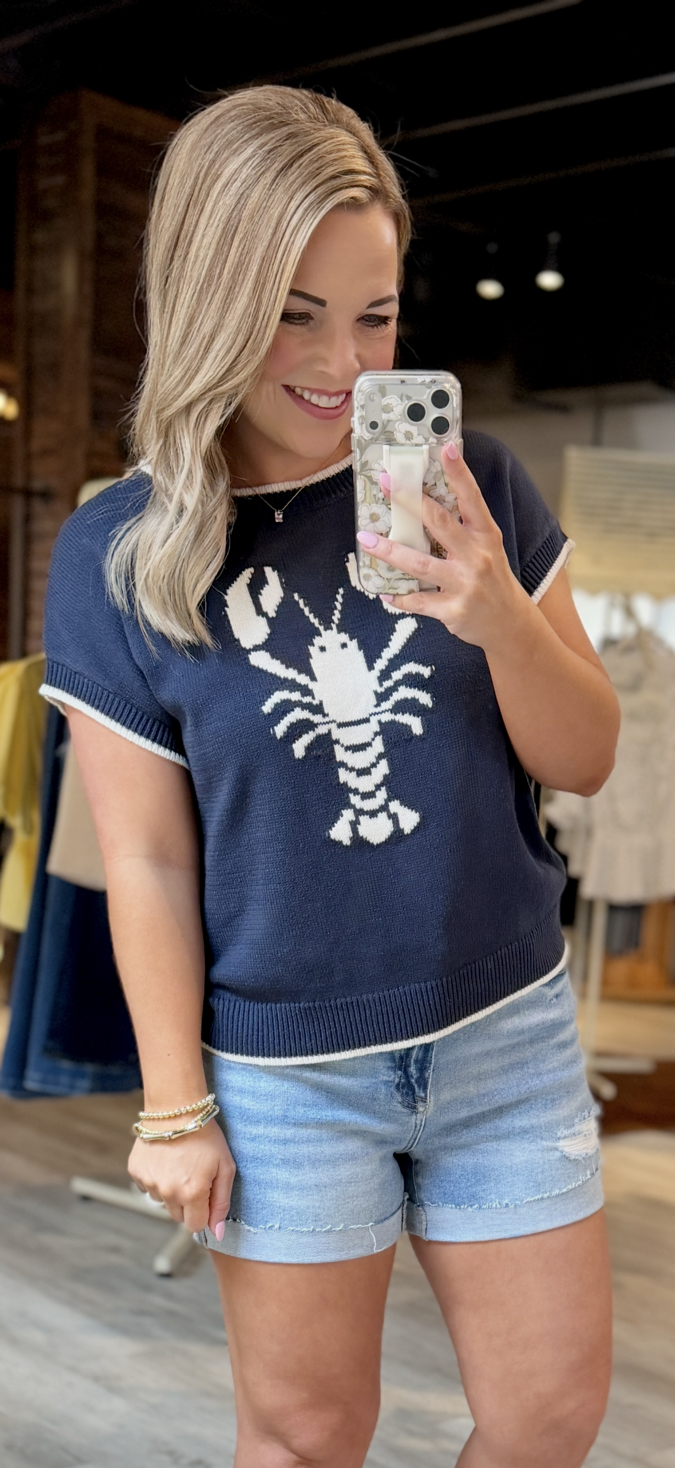 Navy Lobster Short Sleeve Knit Sweater