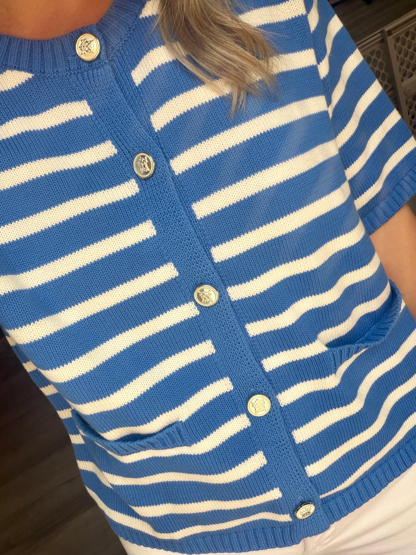 Blue Striped Button Dressy Top