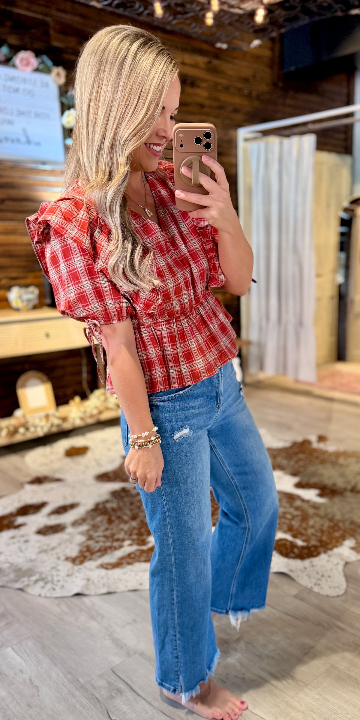 Terracotta Plaid Ruffe Top