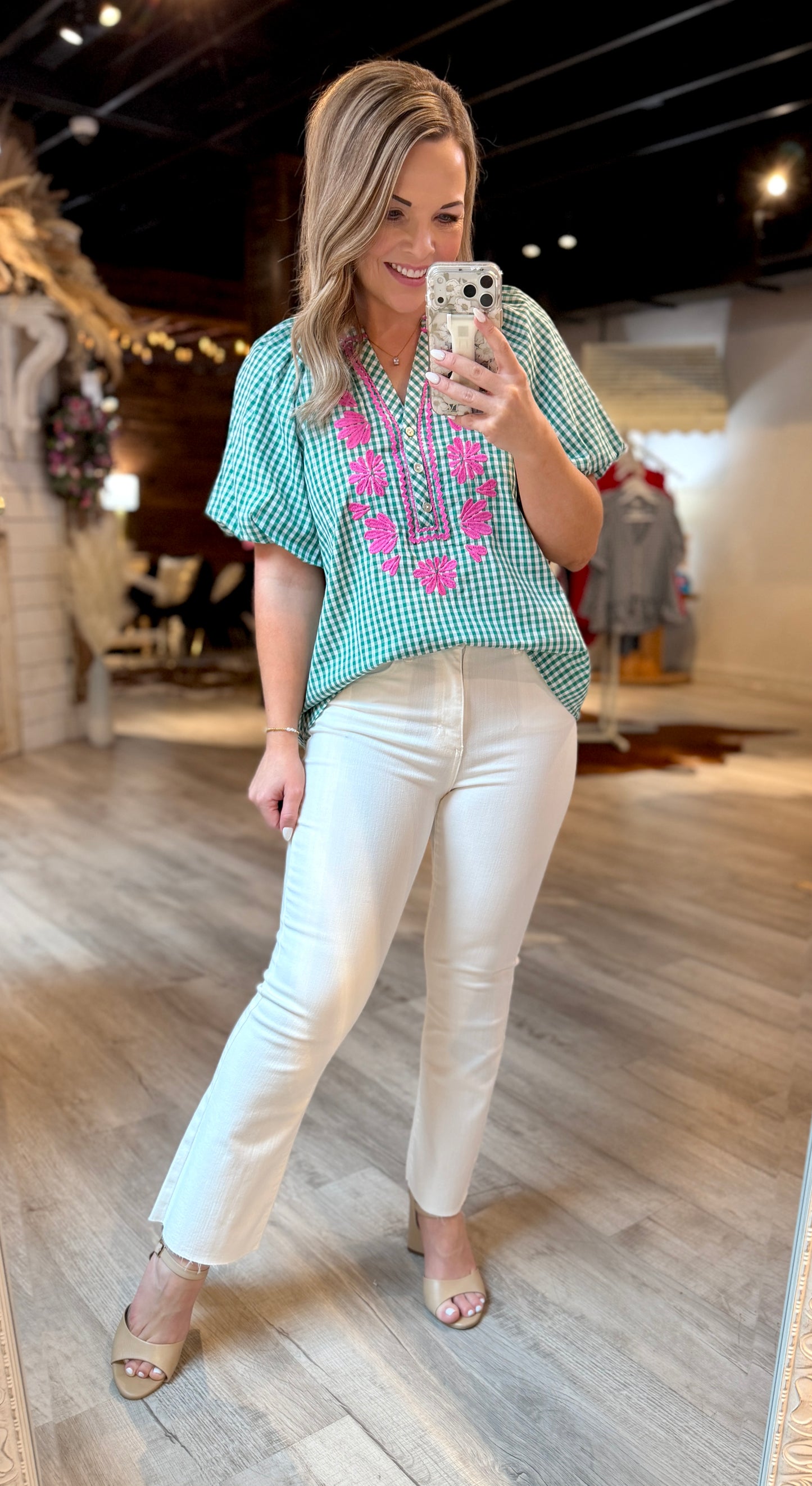 Green/Pink Gingham Dressy Top