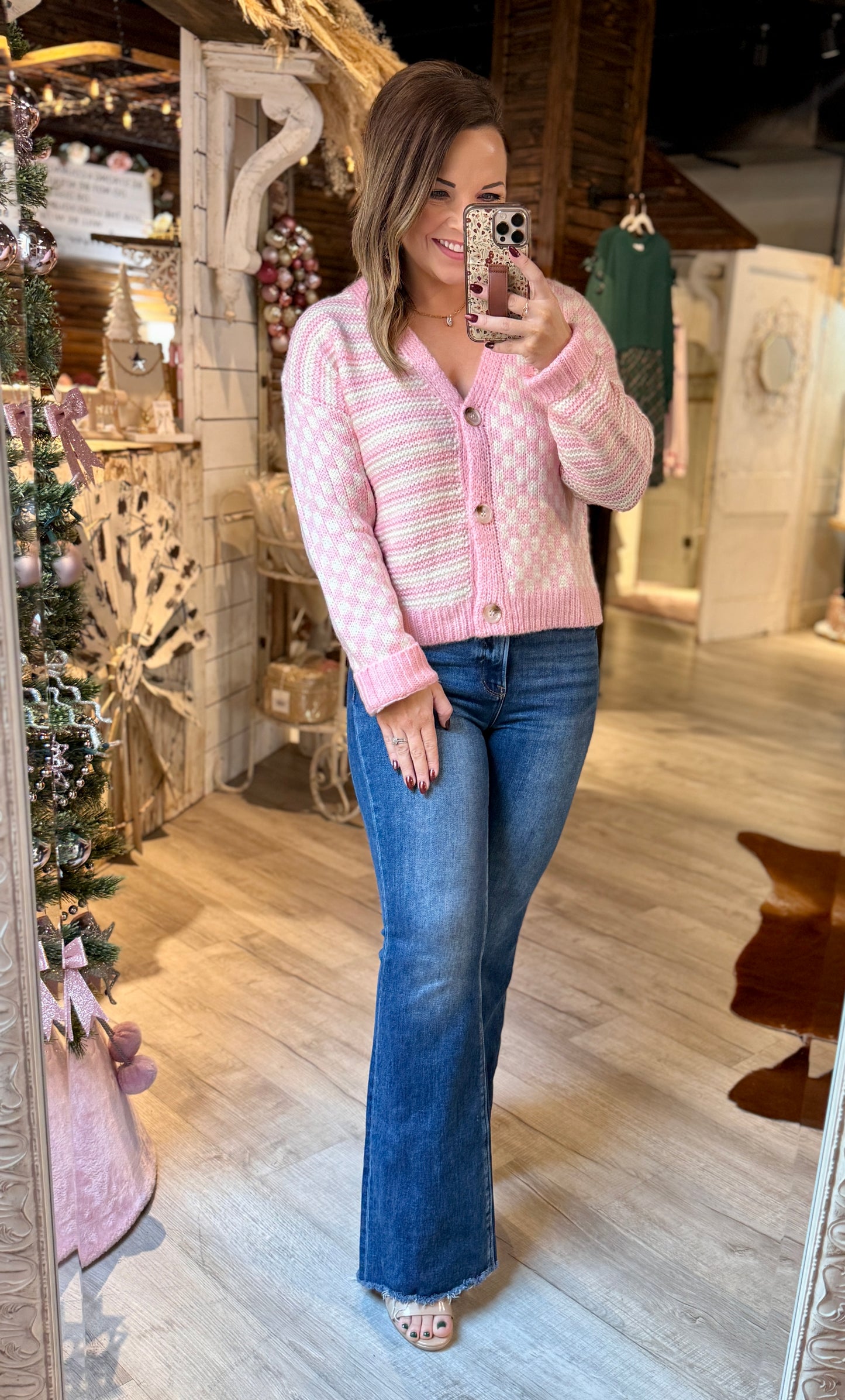 Pink Cream Checkered Cardigan