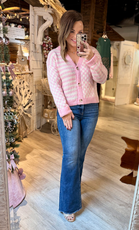 Pink Cream Checkered Cardigan