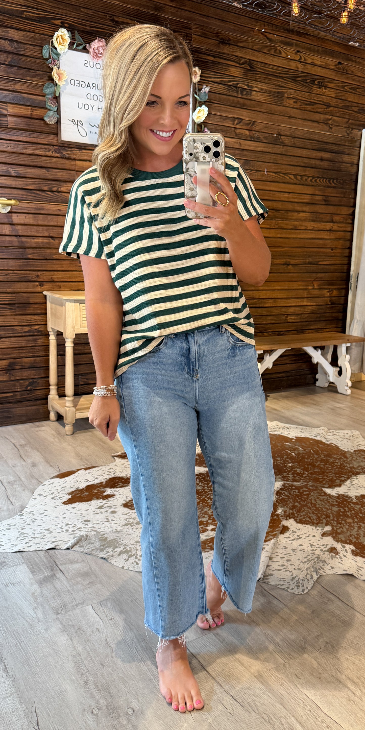 Green/Cream Drop Sleeve Knit Top
