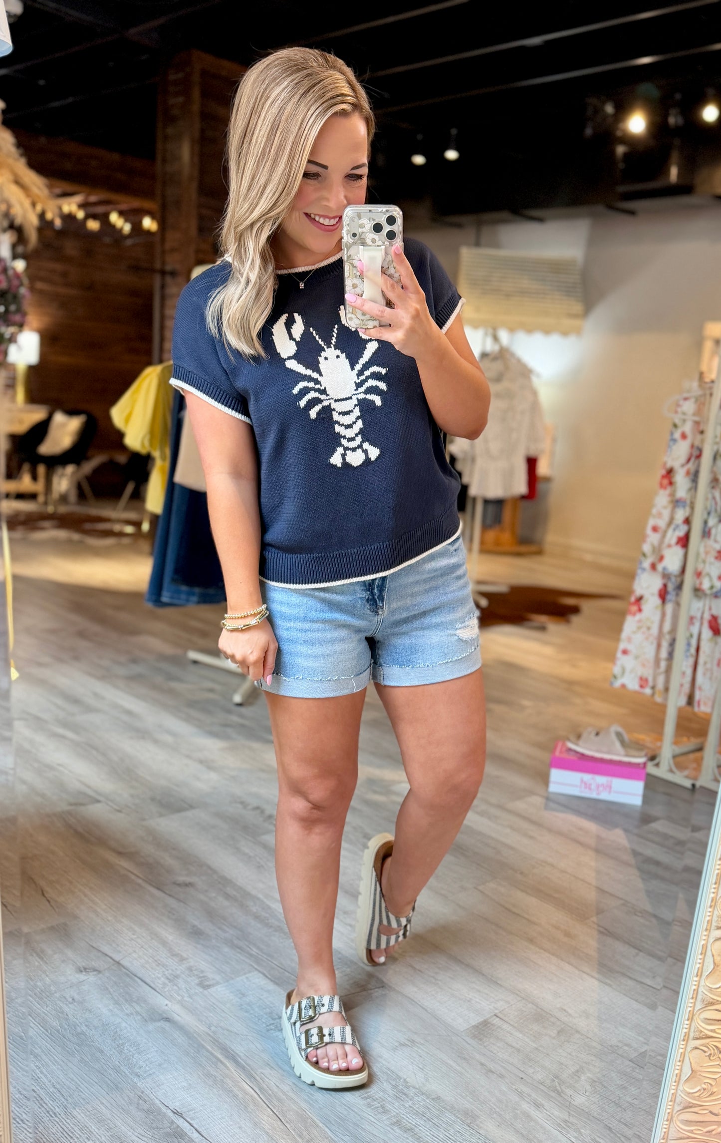 Navy Lobster Short Sleeve Knit Sweater