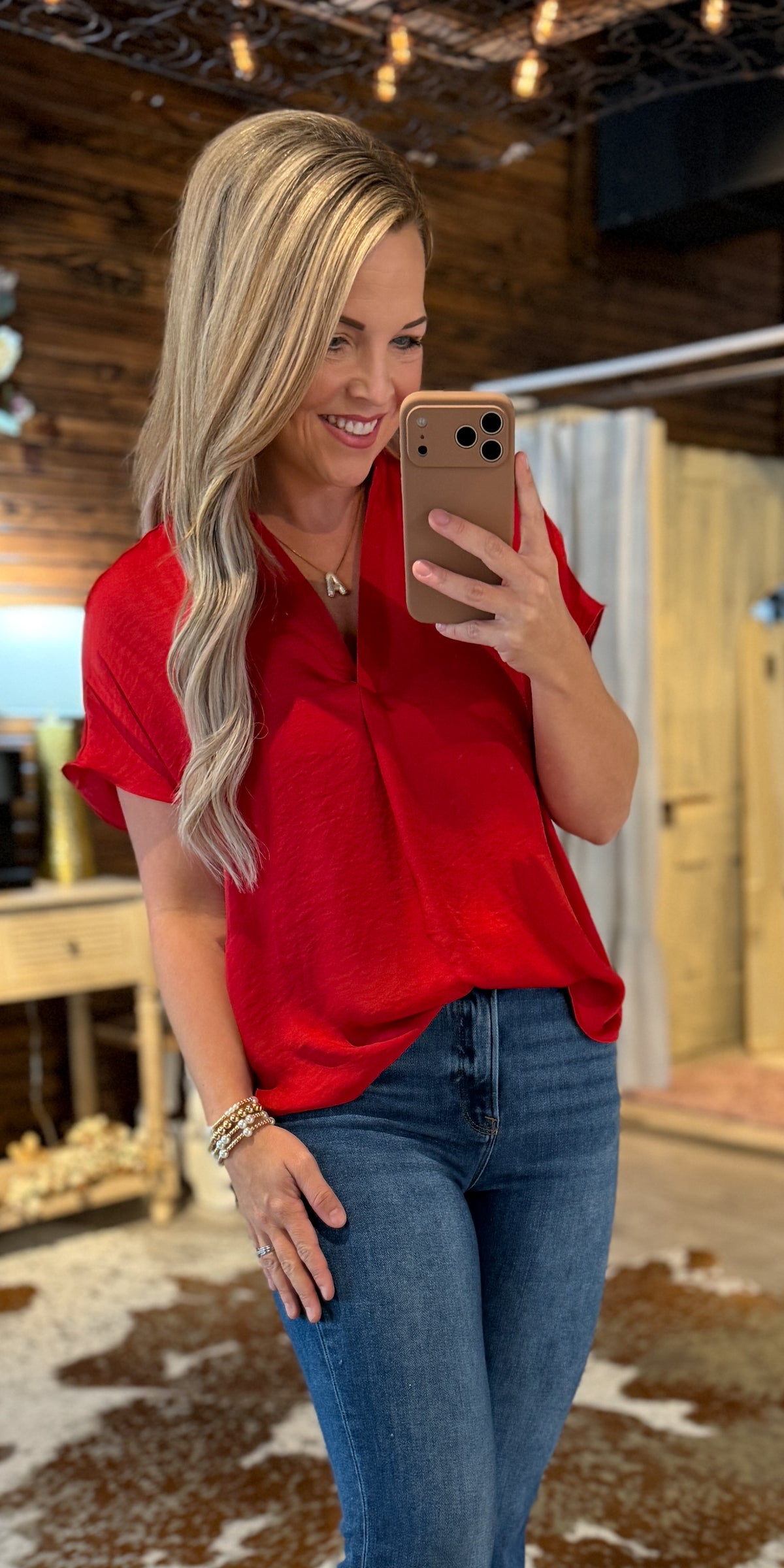 New Red Dressy V Neck Top