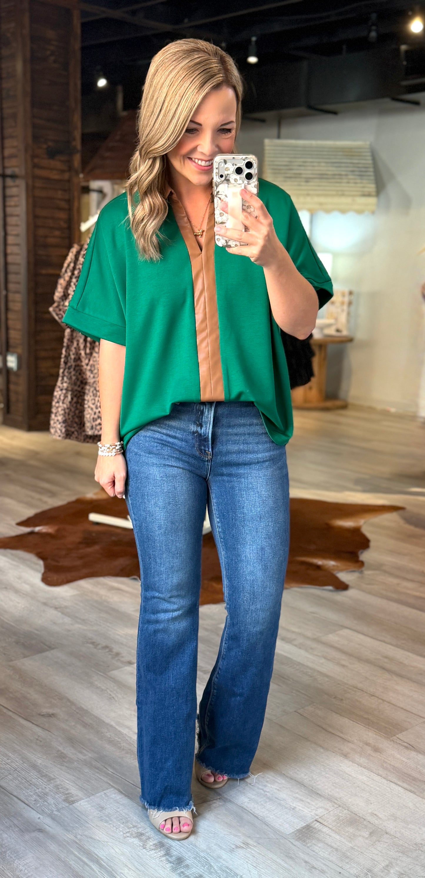 Green Brown Leather Detail Top