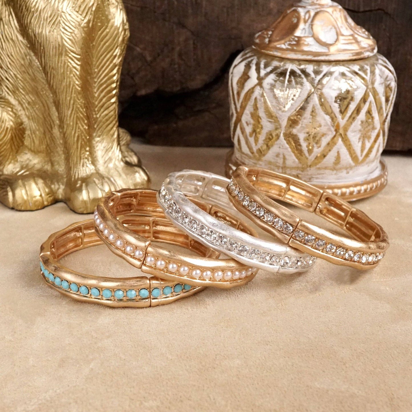 Minimalist Crystal & Pearl Bangle Bracelet – Brushed Gold or Silver