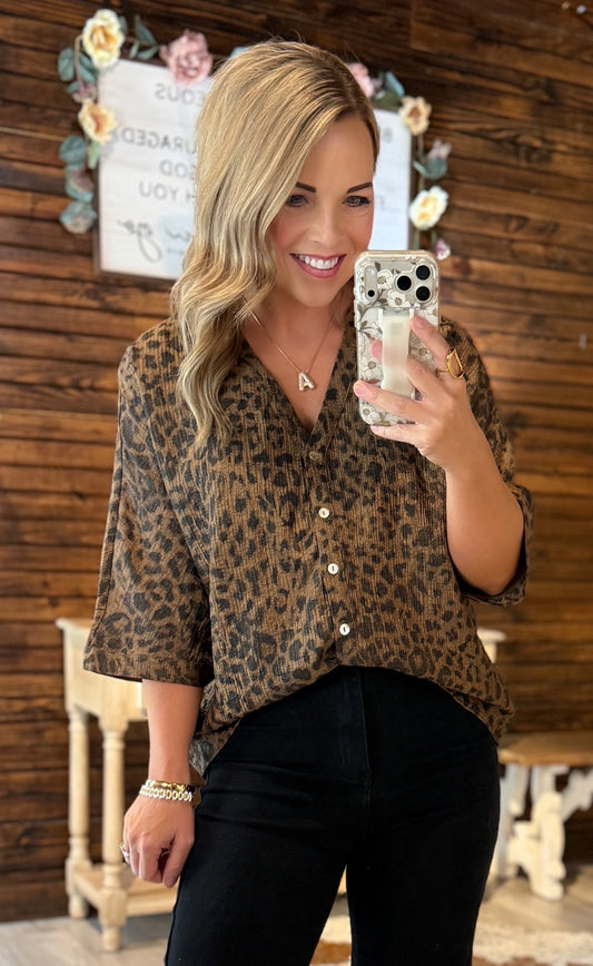 Chocolate Leopard Button Top