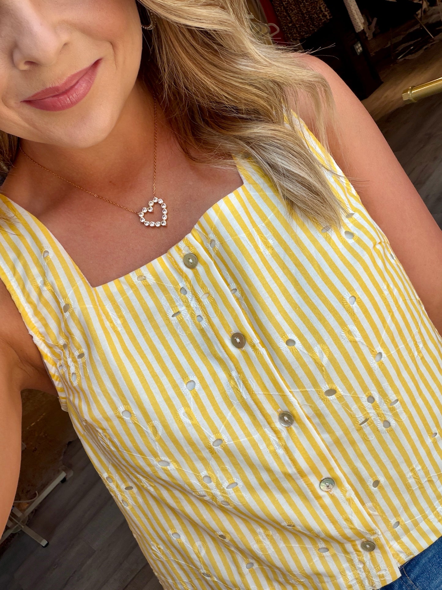 Yellow Striped Floral Eyelet Tank