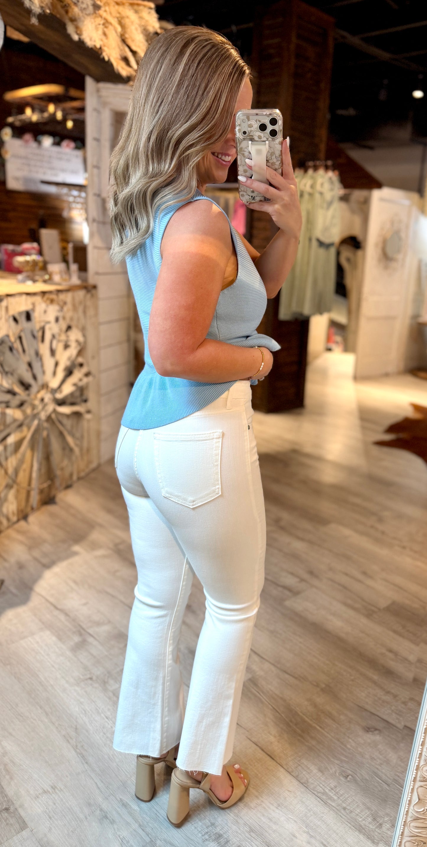 White Cropped Kick Flare Denim