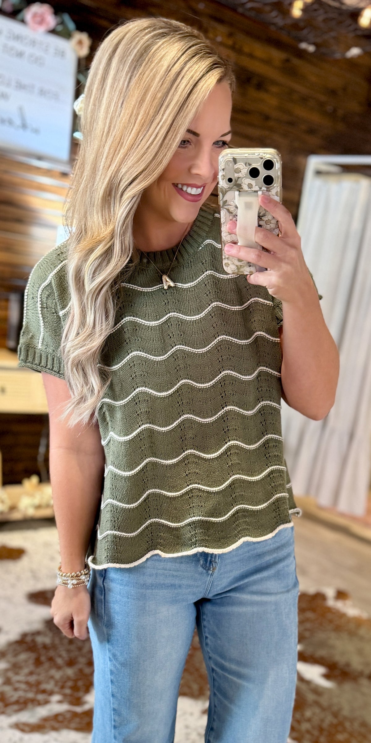 Olive Scallop Stripe Knit Top