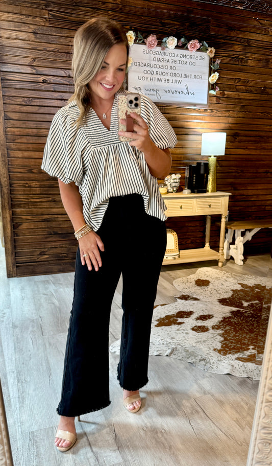 Black Striped Puff Sleeve Top
