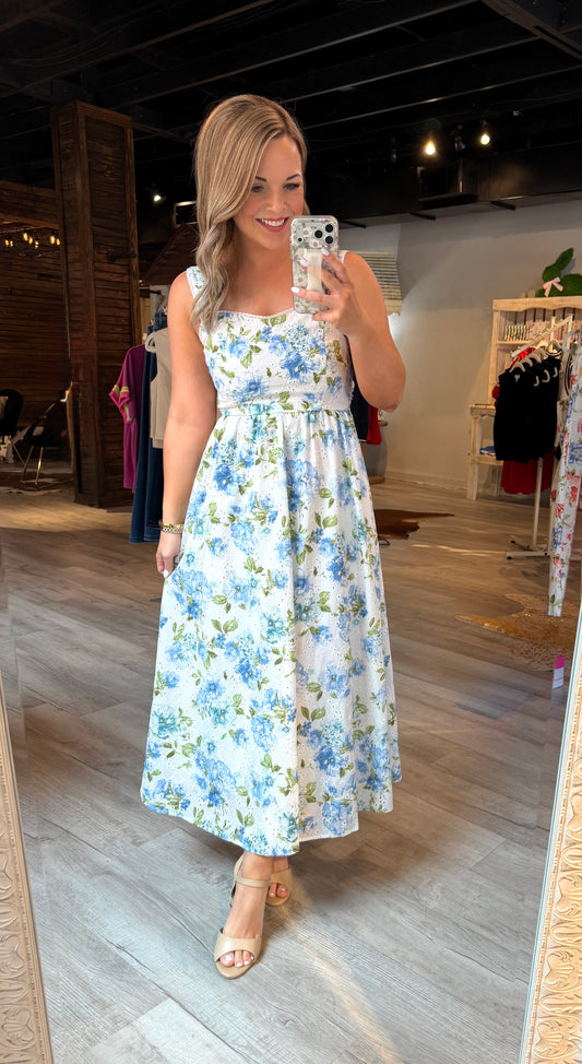 Blue Floral Eyelet Dress