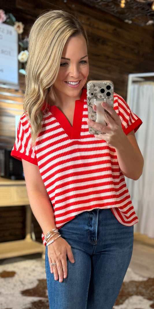 Red Striped Knit Collared Top