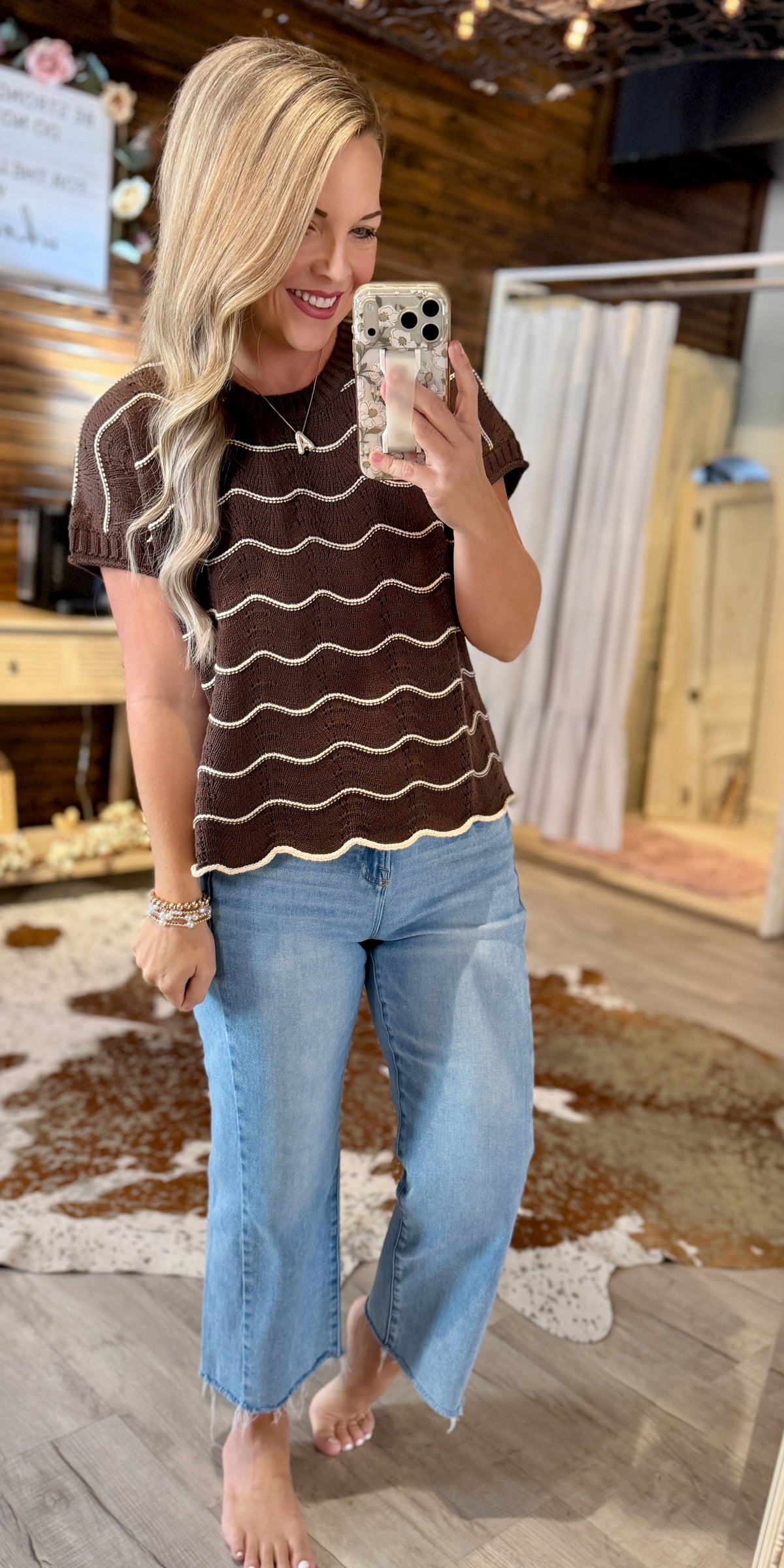 Brown Scallop Striped Knit Top