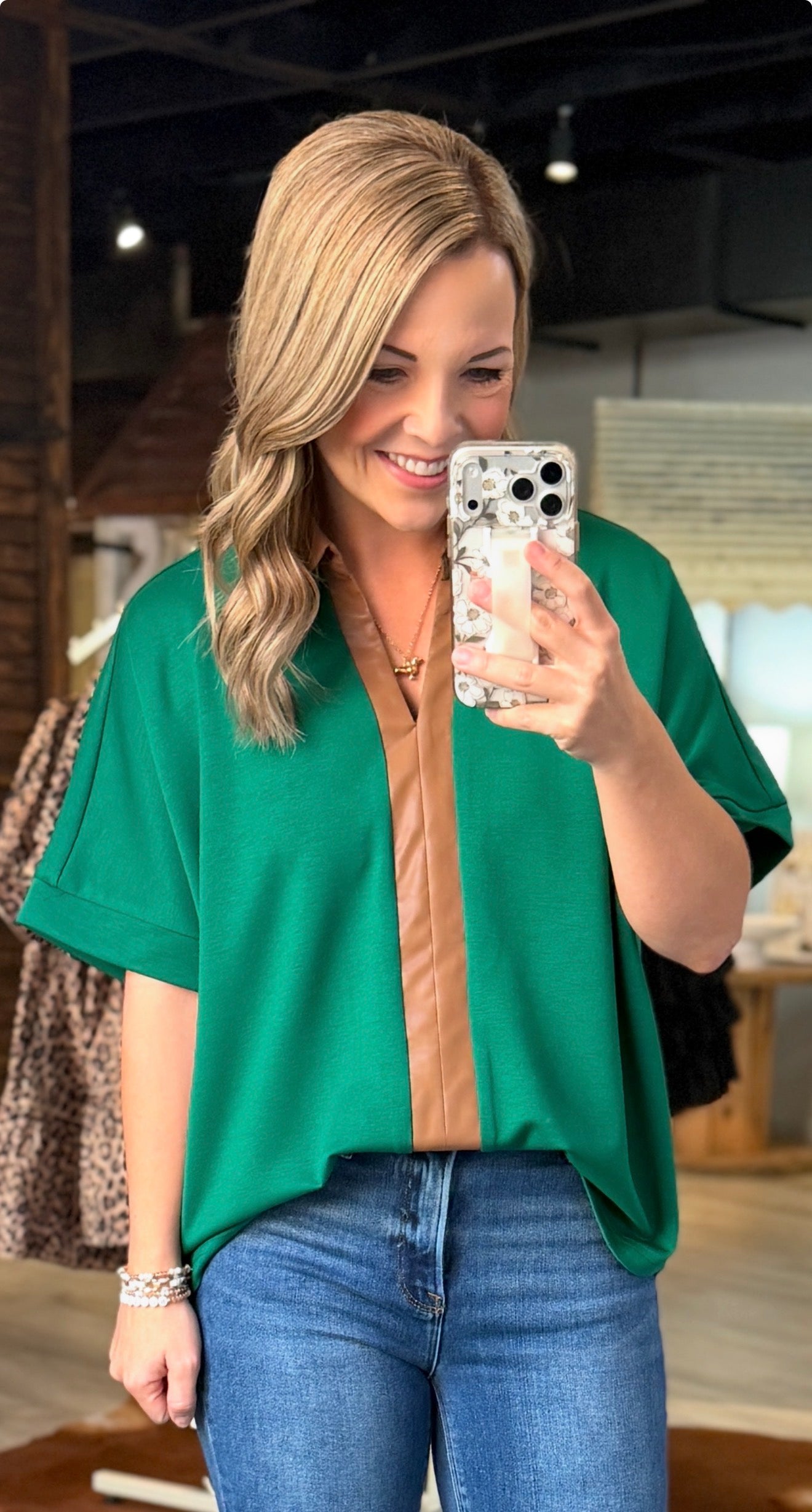 Green Brown Leather Detail Top
