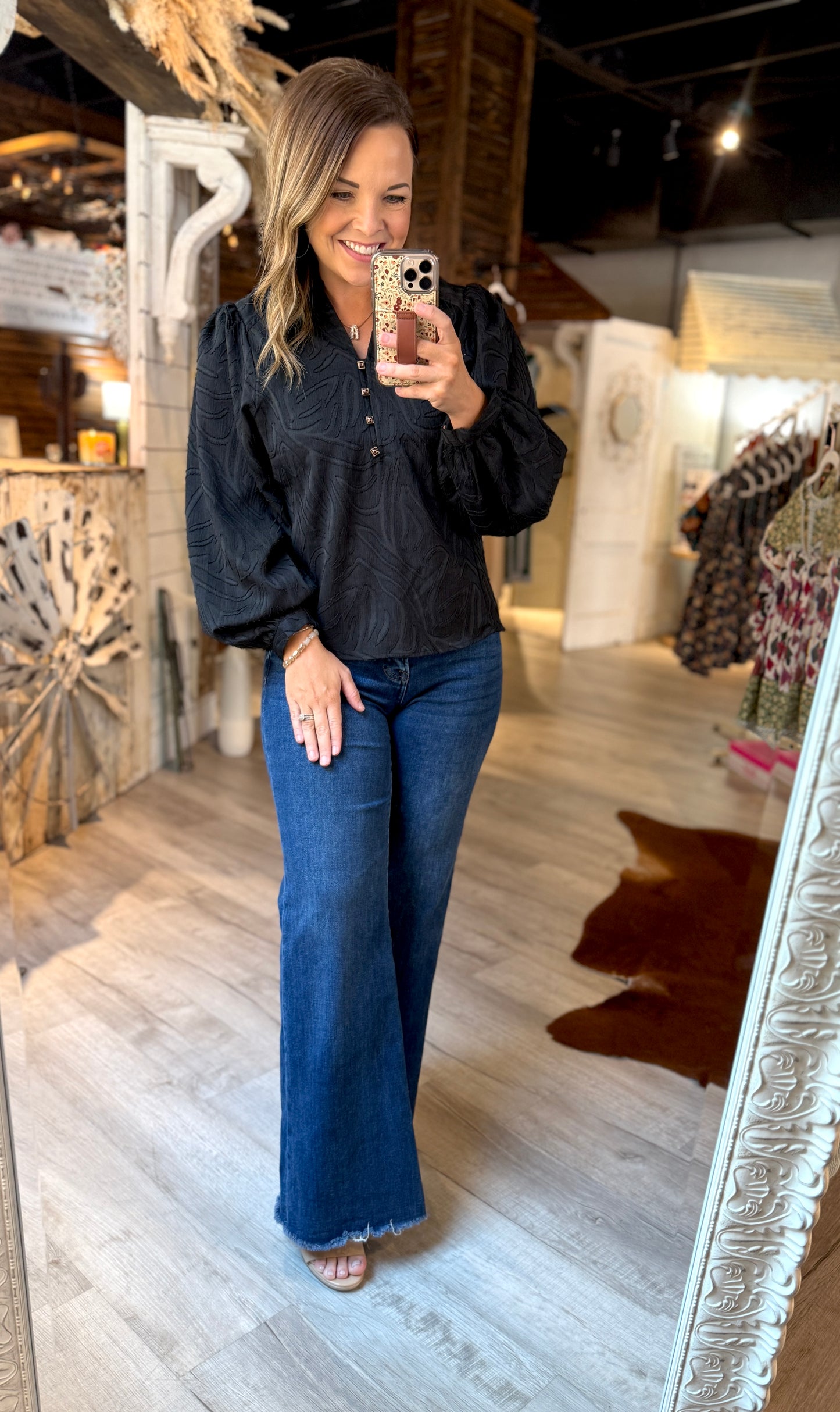 Black Dressy Leopard Button Top