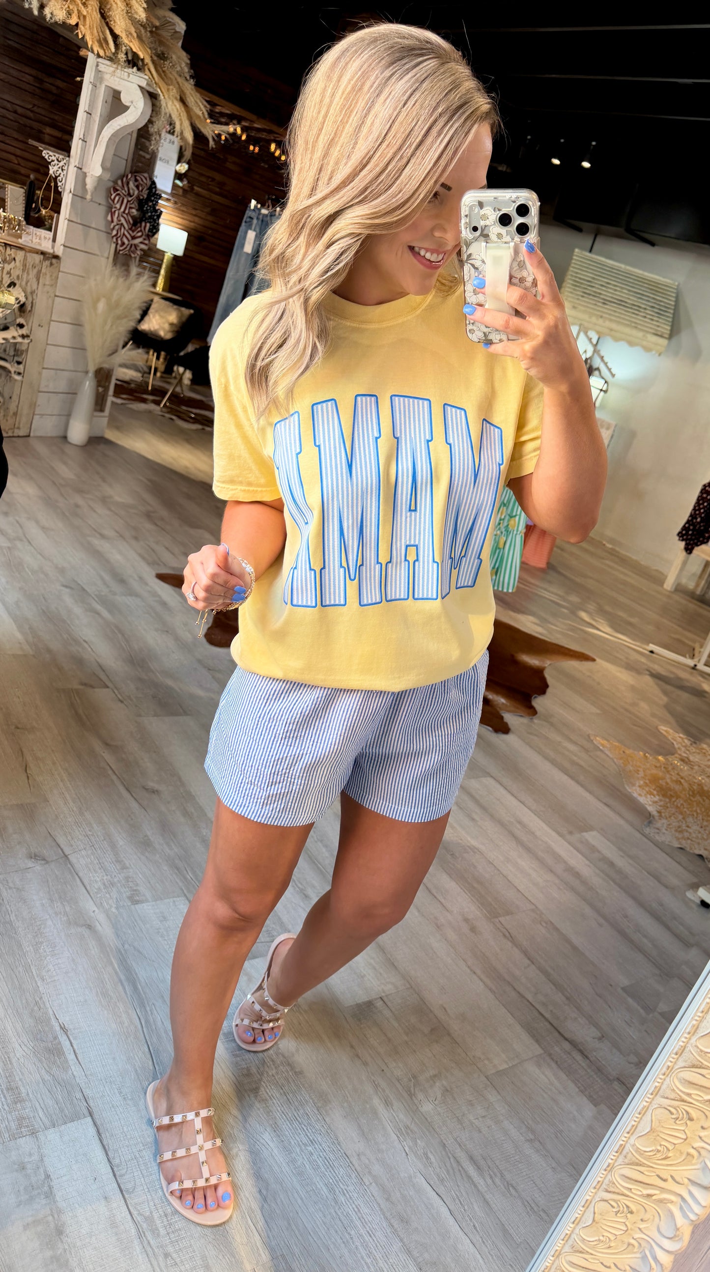 Blue Striped Drawstring Shorts