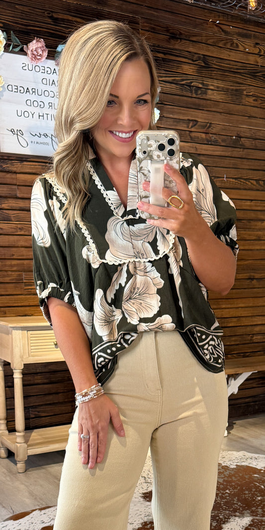 Olive Print Dressy Top