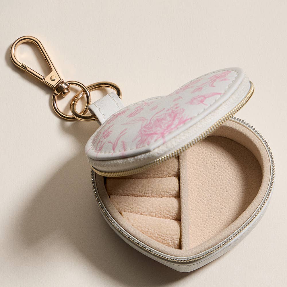 Floral Pattern Print Heart Shaped Jewelry Case Keychain / Bag Charm