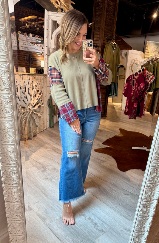 Olive Plaid Patchwork Top