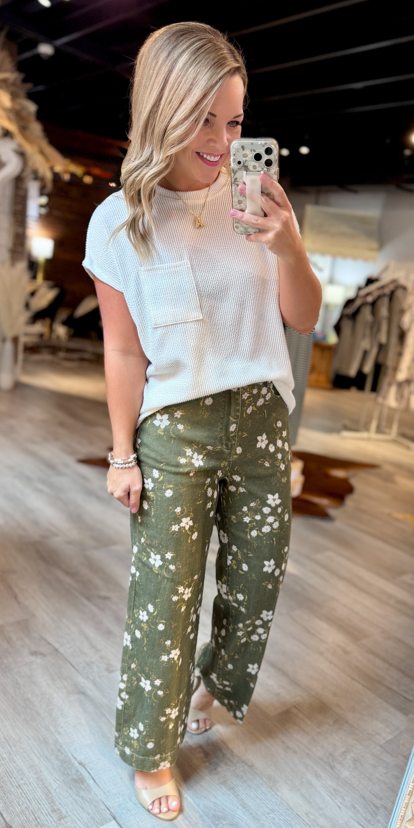 Olive Floral Print Denim