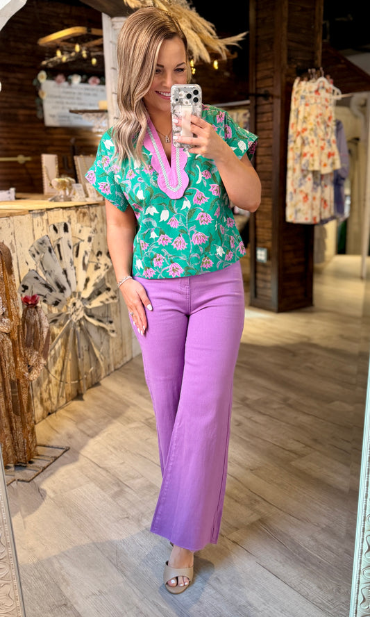 Green/Lilac Floral Top