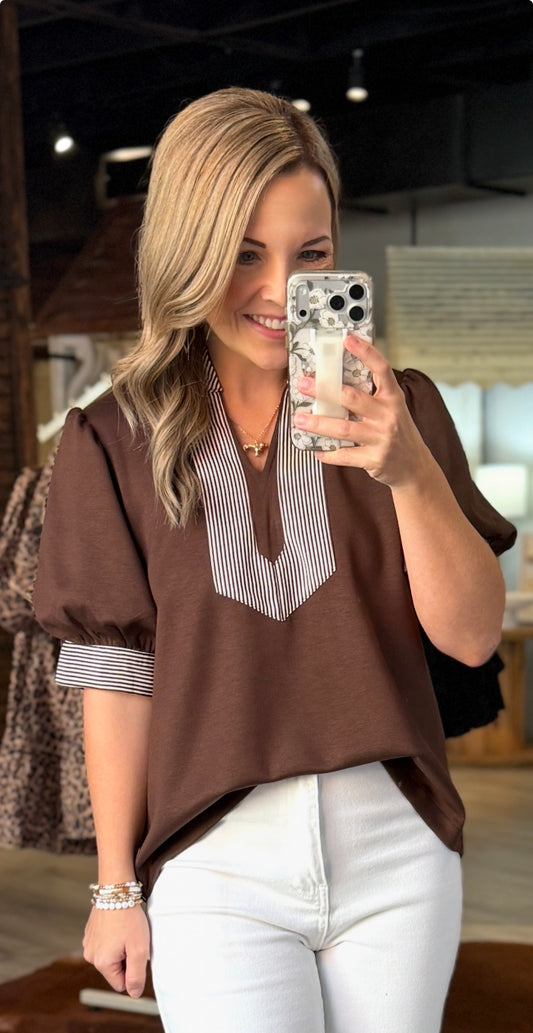 Brown Striped Detail Dressy Top