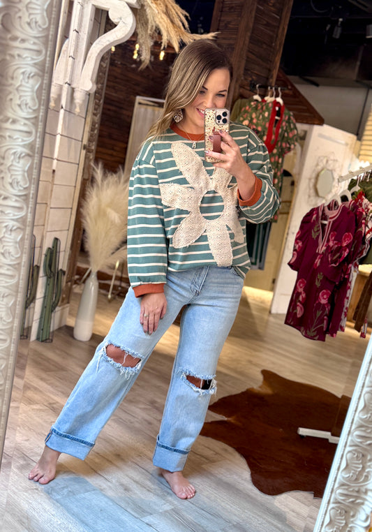 Teal/Rust Floral Striped Top