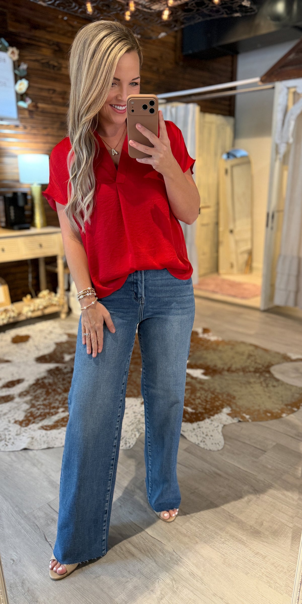 New Red Dressy V Neck Top