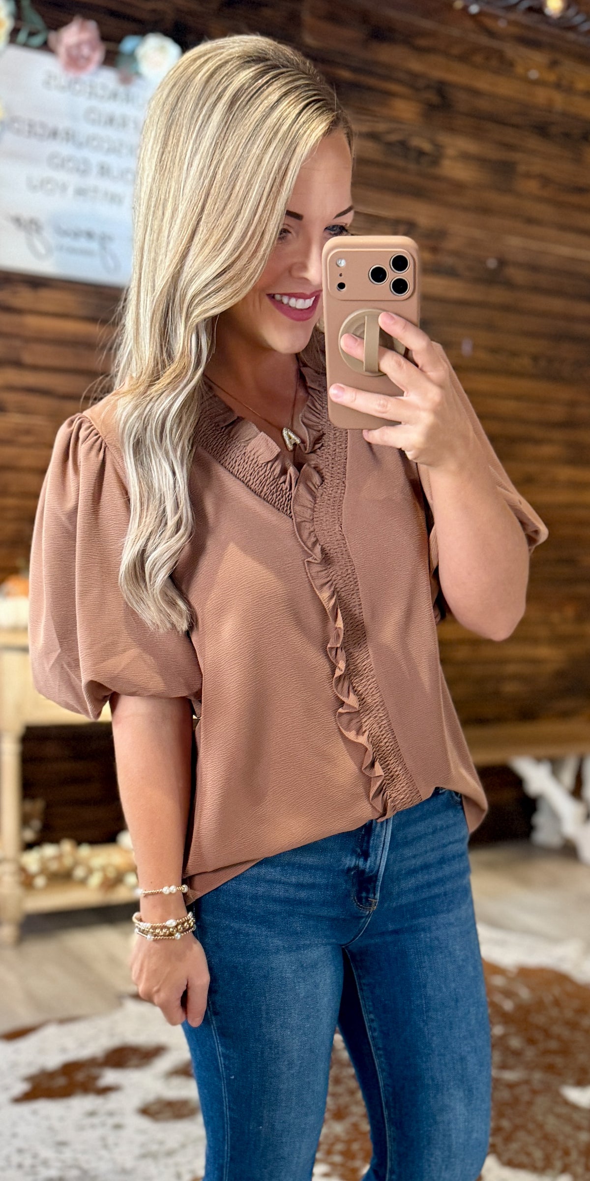 Mocha Smocked Neck Top