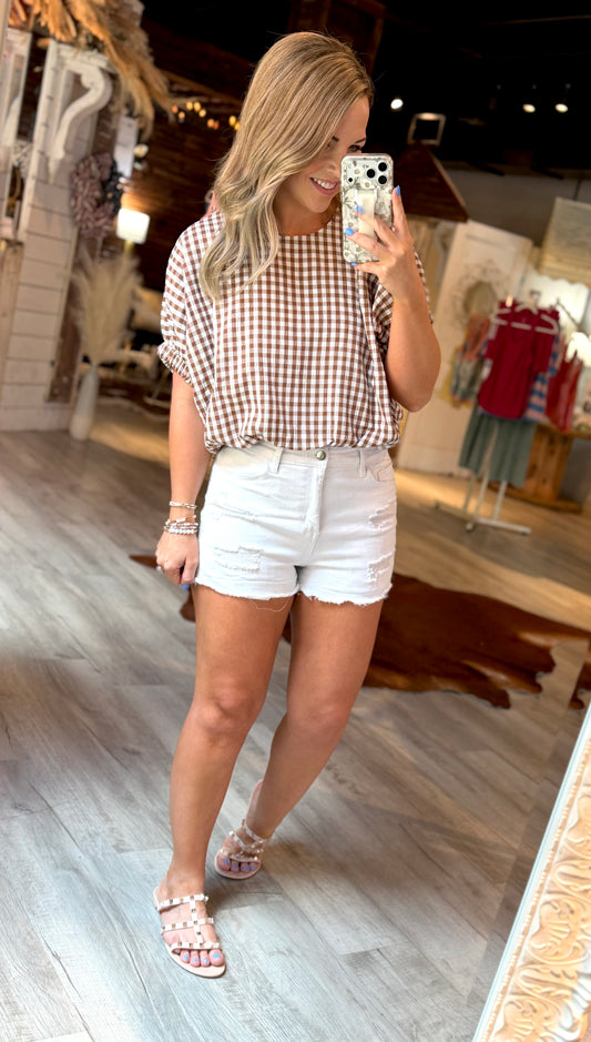 Brown Gingham Bubble Hem Top