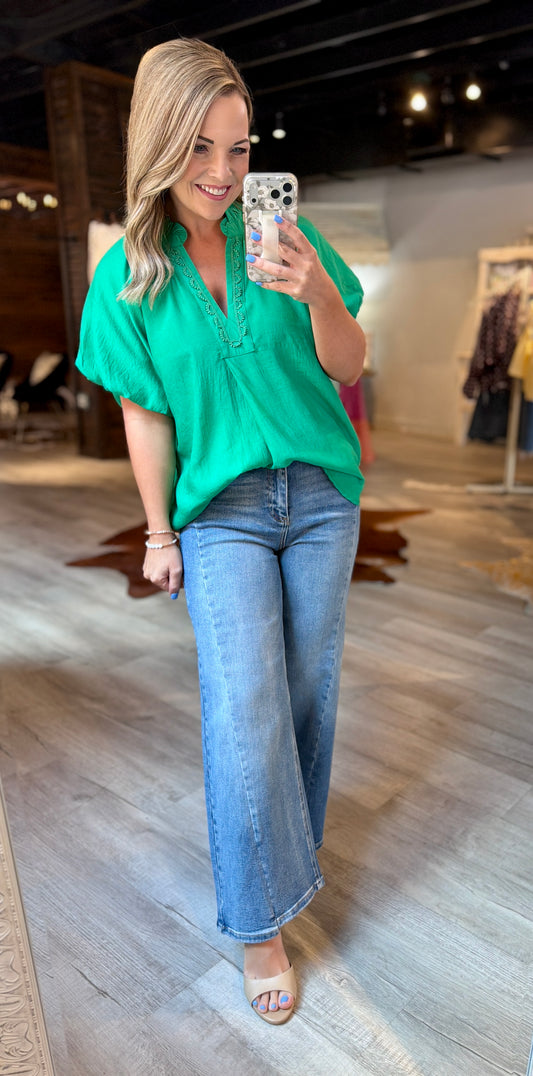 Green Dressy V-Neck Lace Top