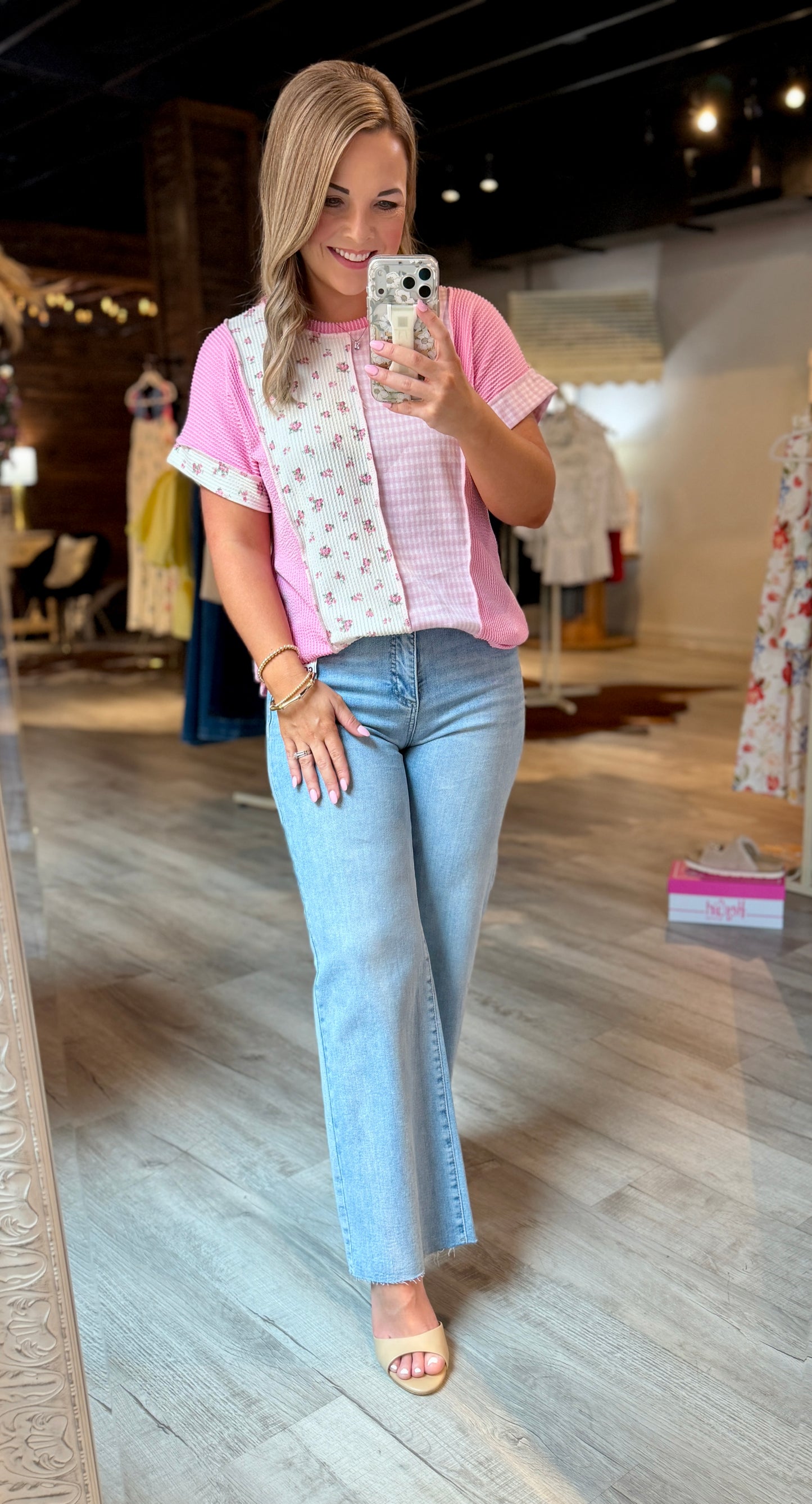 Pink Gingham Floral Top