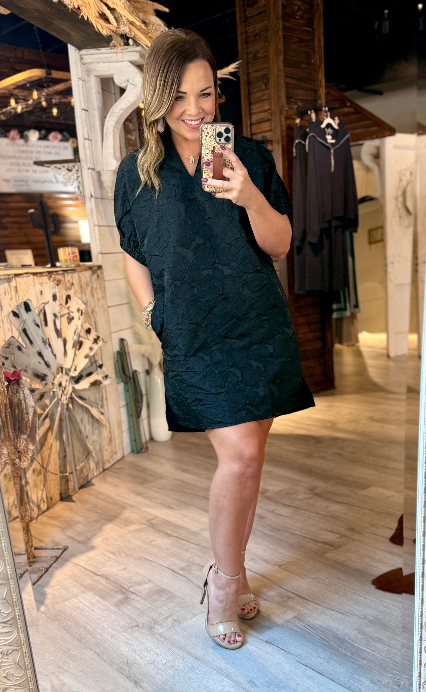 Black Jacquard Floral Dress