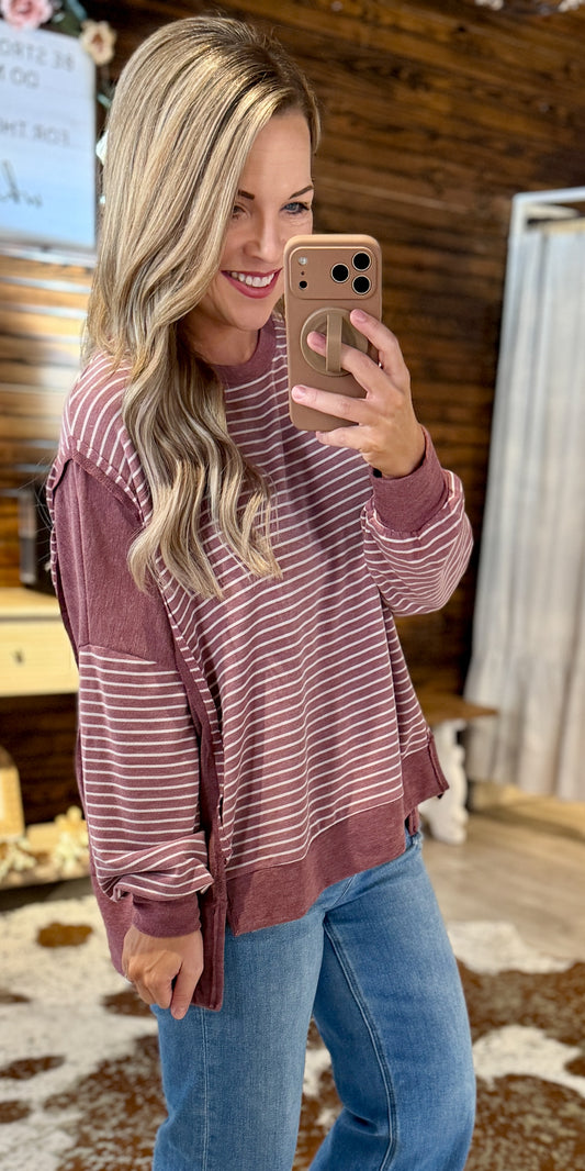 Burgundy Striped Slouchy Top