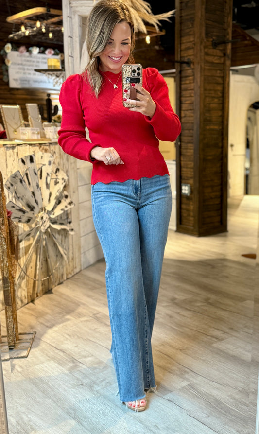 Red Scalloped Edge Sweater
