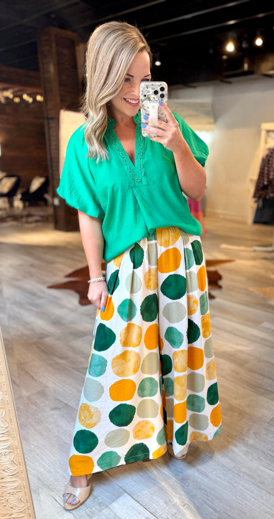 Green Polka Dot Flowy Pants