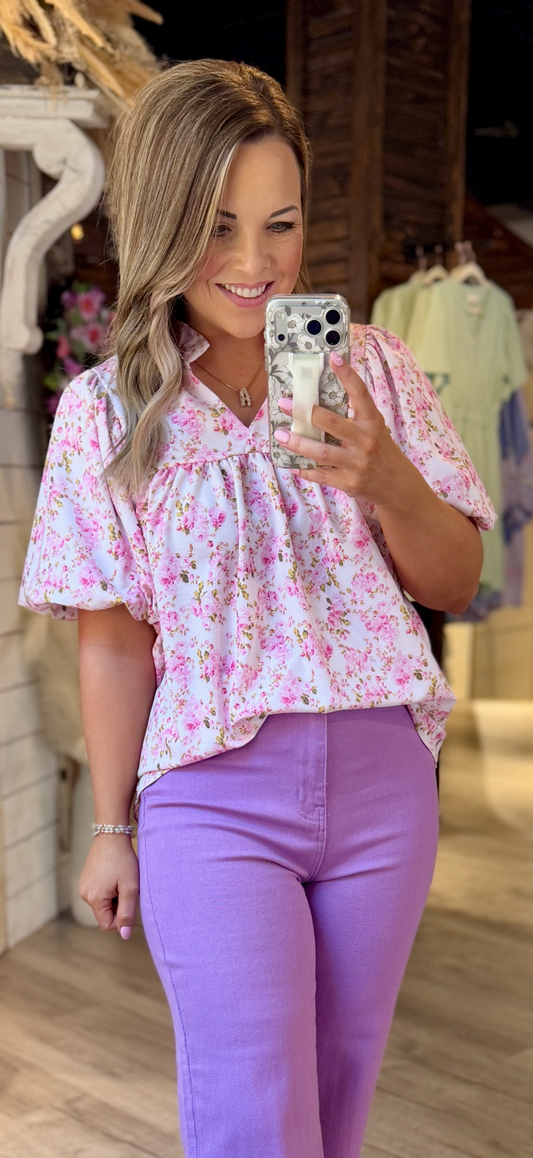 Pink Floral Frilled Top