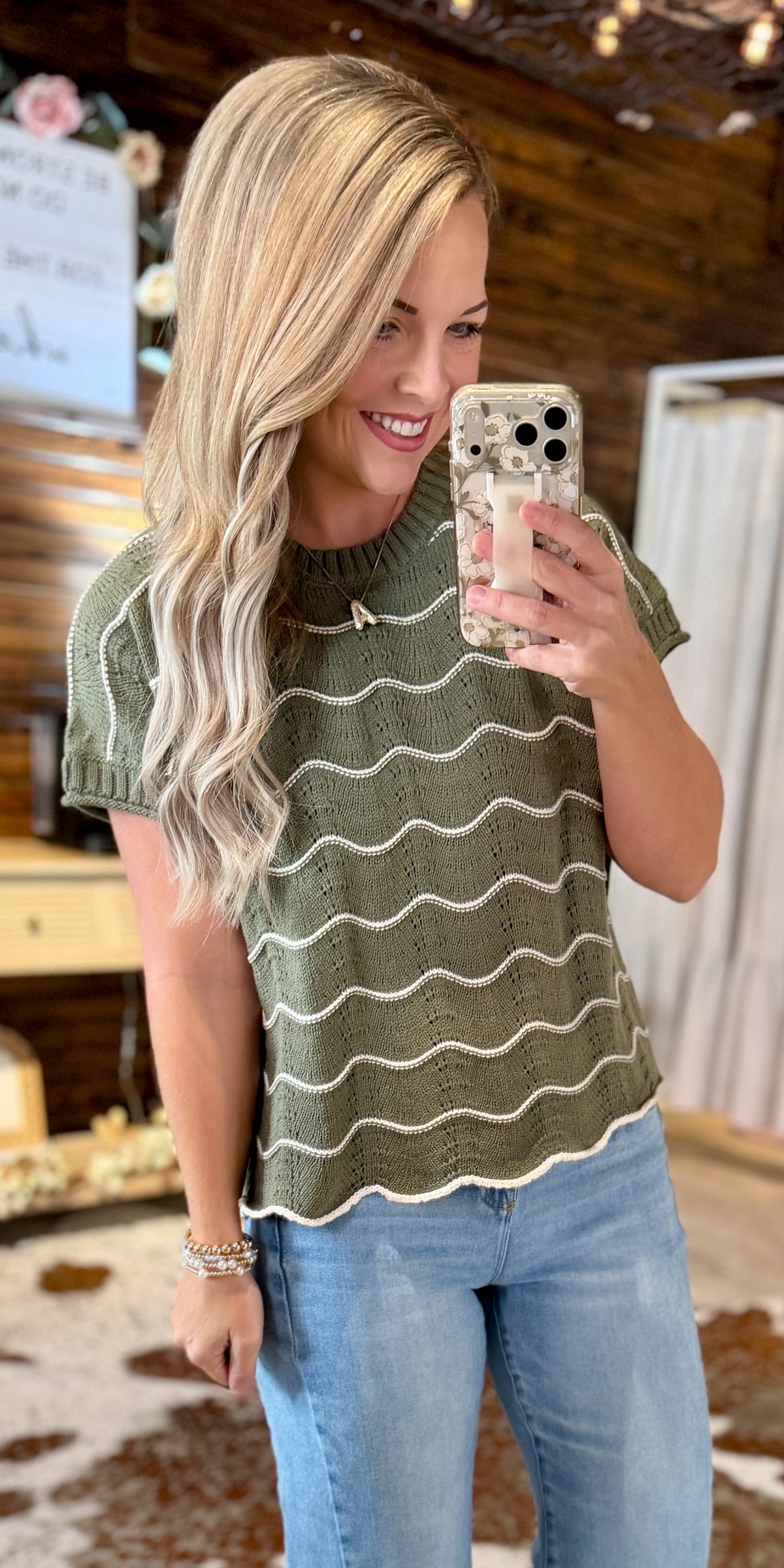Olive Scallop Stripe Knit Top
